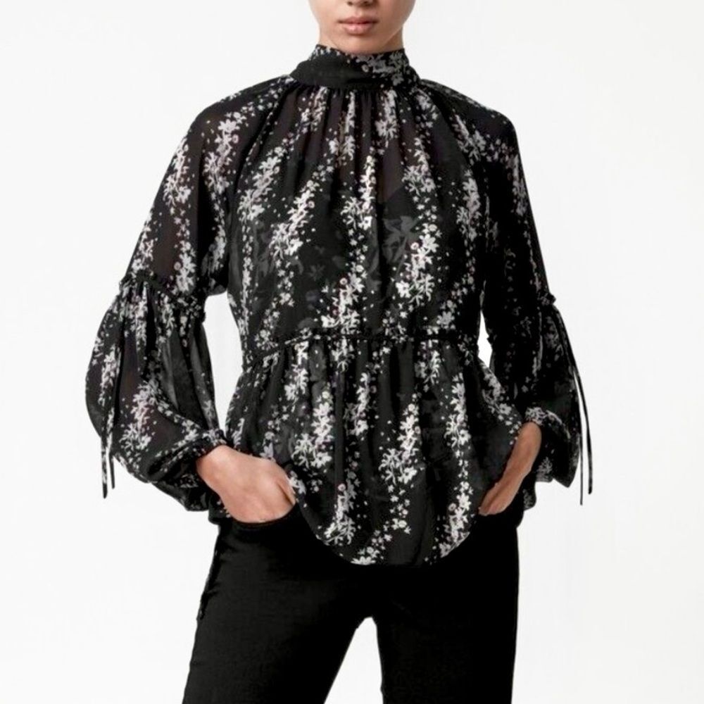 All Saints Black Semi-Sheer Black Floral Garland Print Top Size US 8